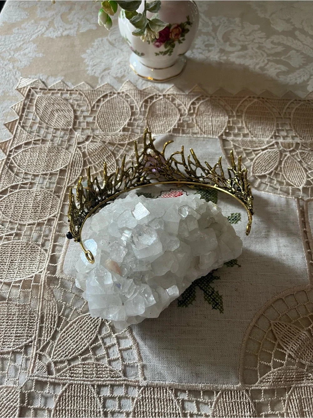 Handcrafted Gold Crystal Crown Hairpiece with Lavender and Clear Stones